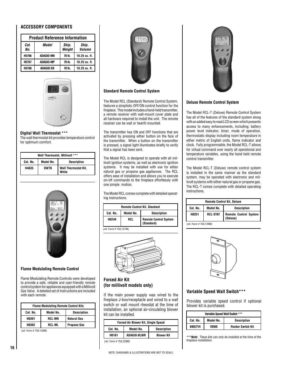 Forced air kit (for millivolt models only), Accessory components, Product reference information | Variable speed wall switch | Lennox Hearth ADAGIO-EN User Manual | Page 16 / 28