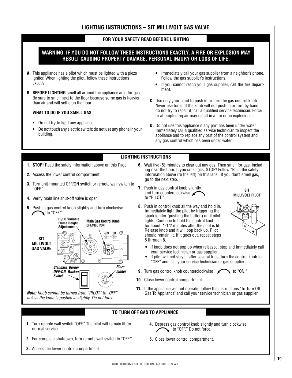 Lighting instructions – sit millivolt gas valve | Lennox Hearth ADAGIO-EN User Manual | Page 19 / 28