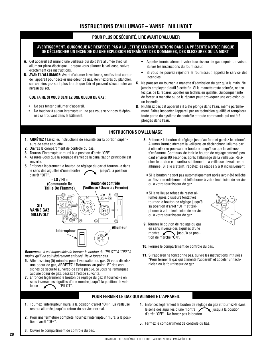 Instructions d’allumage – vanne millivolt | Lennox Hearth ADAGIO-EN User Manual | Page 20 / 28