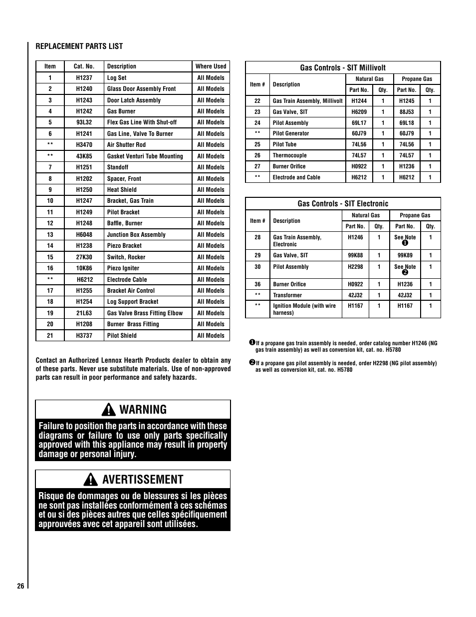 Warning, Avertissement | Lennox Hearth ADAGIO-EN User Manual | Page 26 / 28