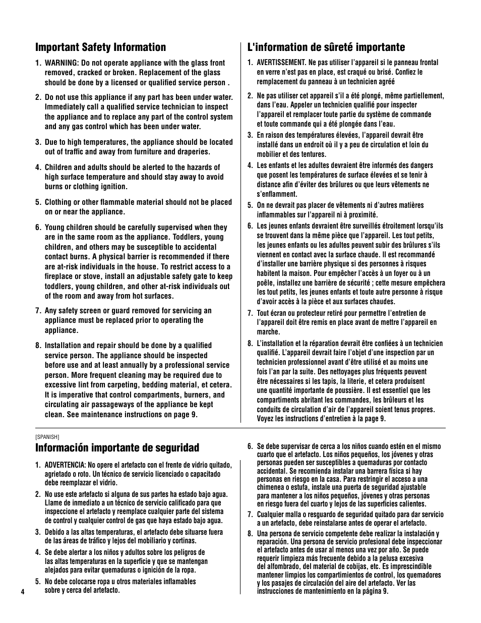 Important safety information, L'information de sûreté importante, Información importante de seguridad | Lennox Hearth ADAGIO-EN User Manual | Page 4 / 28