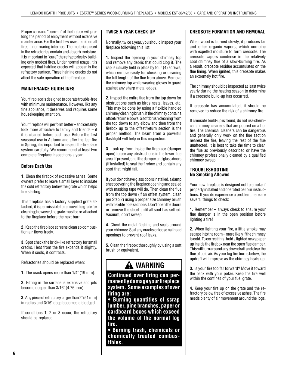 Warning | Lennox Hearth EST-50 User Manual | Page 6 / 10