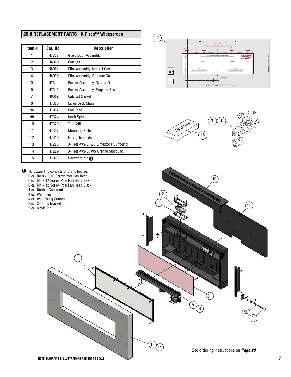 0 replacement parts - x-fires™ widescreen, Item # cat. no. description, See ordering instructions on page 20 | 15 hardware 4 3 | Lennox Hearth X-Fires WS User Manual | Page 17 / 20