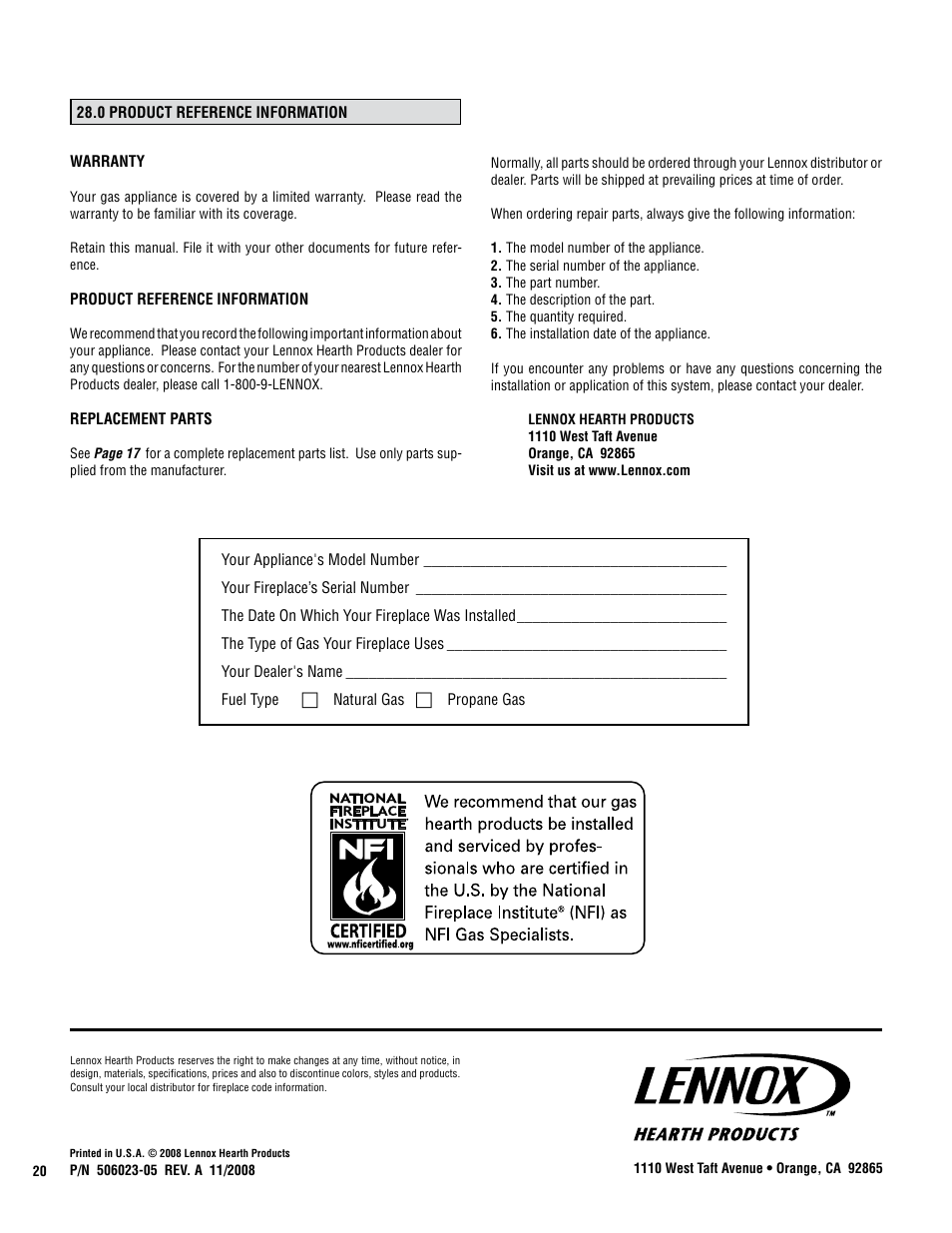 Lennox Hearth X-Fires WS User Manual | Page 20 / 20