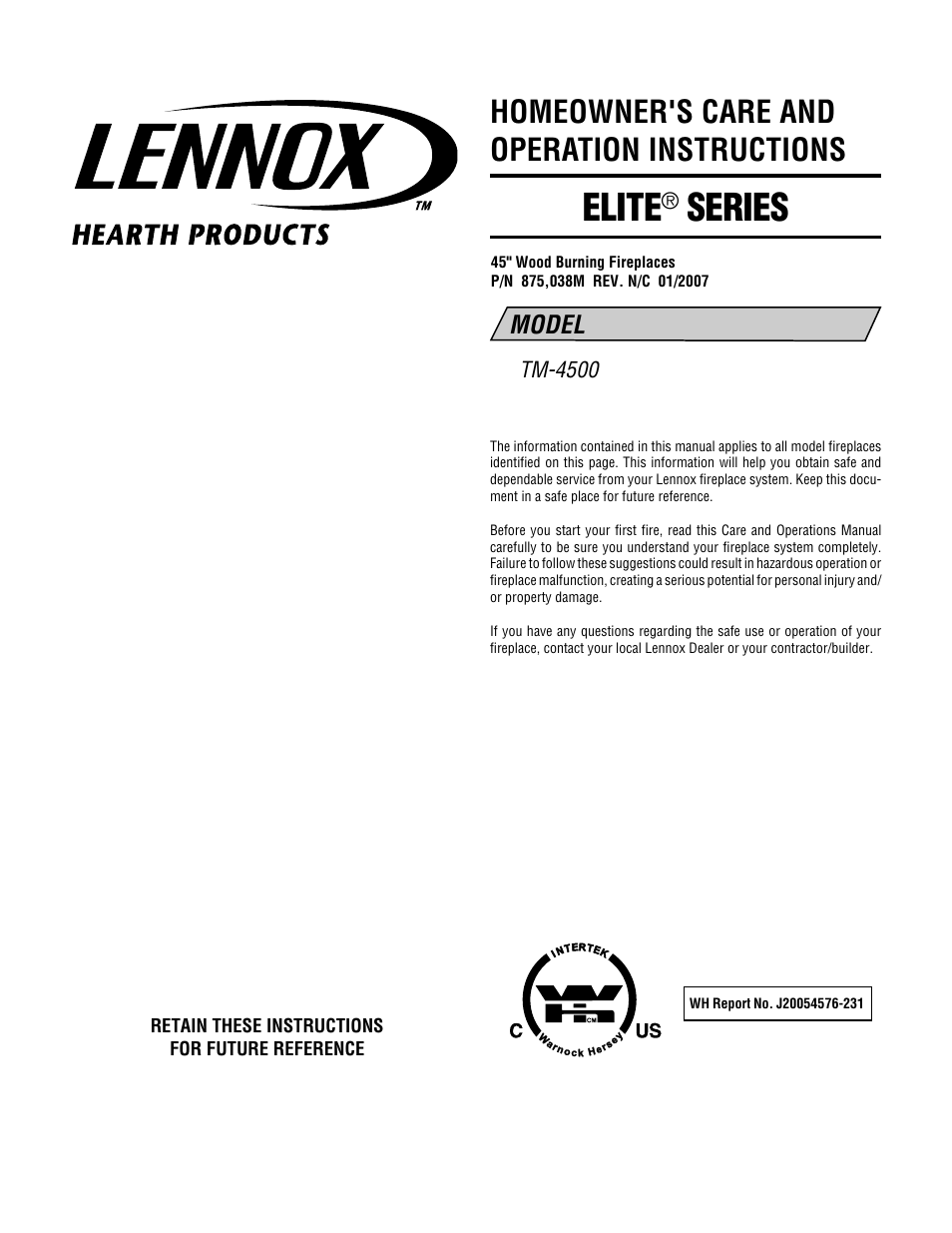 Lennox Hearth Elite TM-4500 User Manual | 8 pages