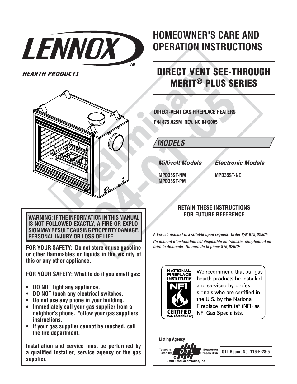 Lennox Hearth MPD35ST-NM User Manual | 20 pages