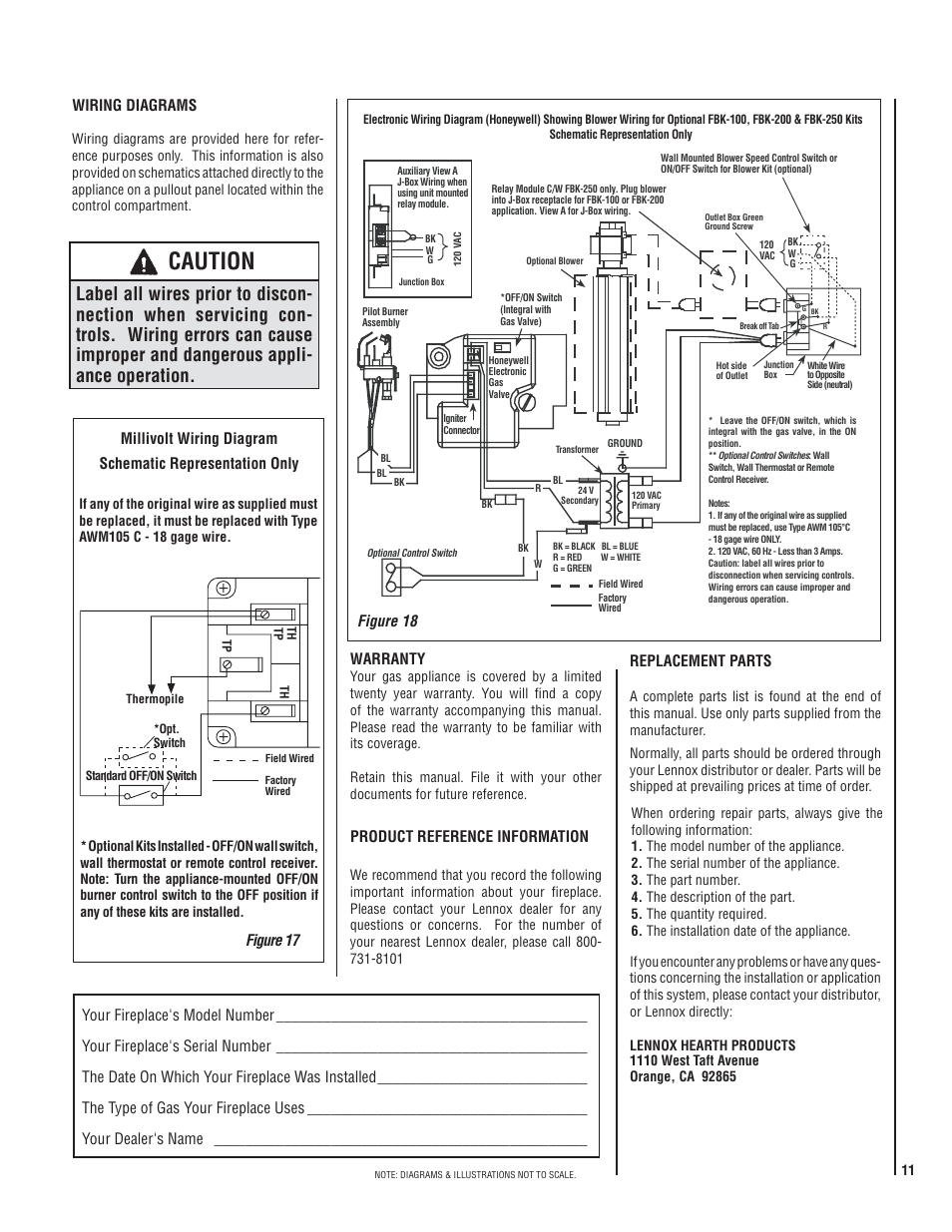 Caution, Warranty, Replacement parts | Product reference information, Wiring diagrams, Figure 17, Figure 18 | Lennox Hearth MPD35ST-NM User Manual | Page 11 / 20