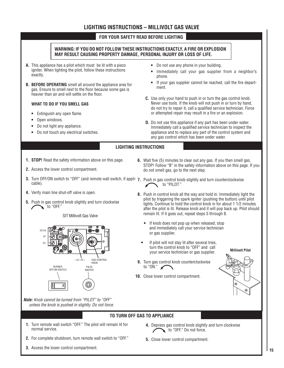 Lighting instructions – millivolt gas valve, Lighting instructions | Lennox Hearth MPD35ST-NM User Manual | Page 15 / 20