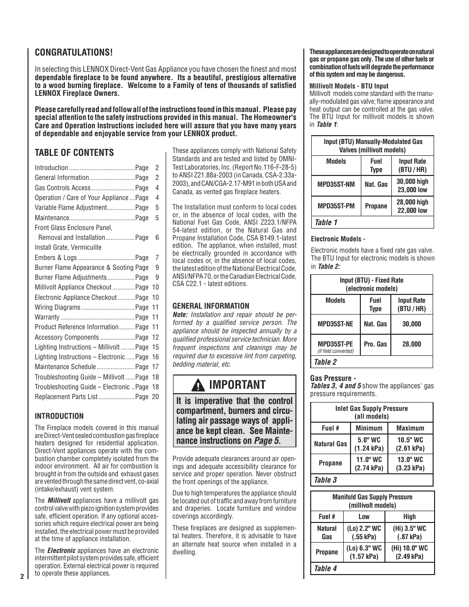 Lennox Hearth MPD35ST-NM User Manual | Page 2 / 20