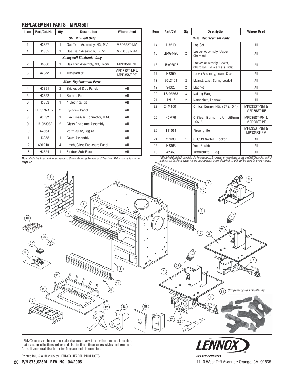 Replacement parts - mpd35st | Lennox Hearth MPD35ST-NM User Manual | Page 20 / 20