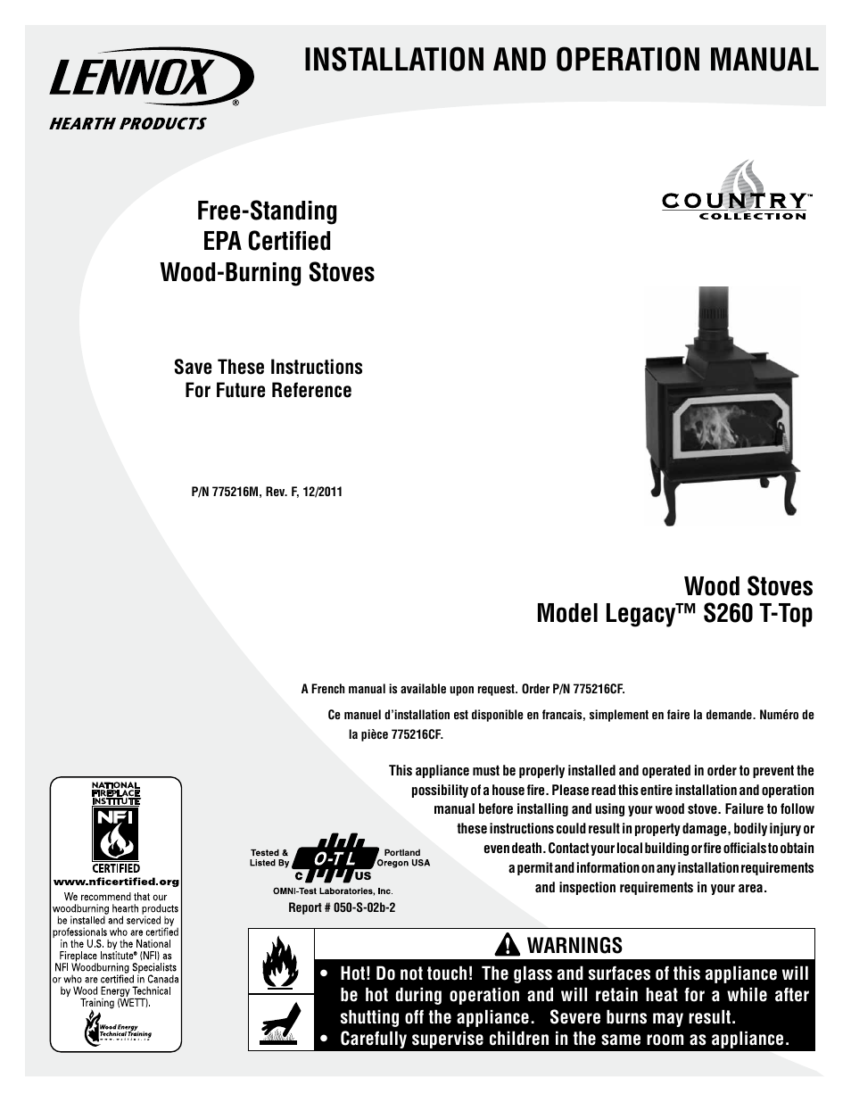 Lennox Hearth LEGACY S260 T-TOP User Manual | 34 pages