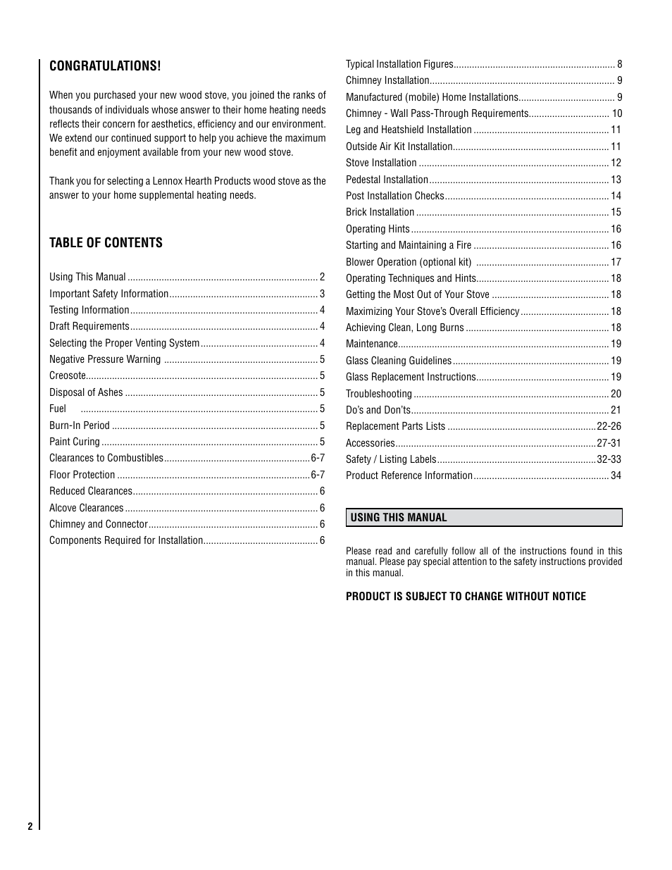 Lennox Hearth LEGACY S260 T-TOP User Manual | Page 2 / 34