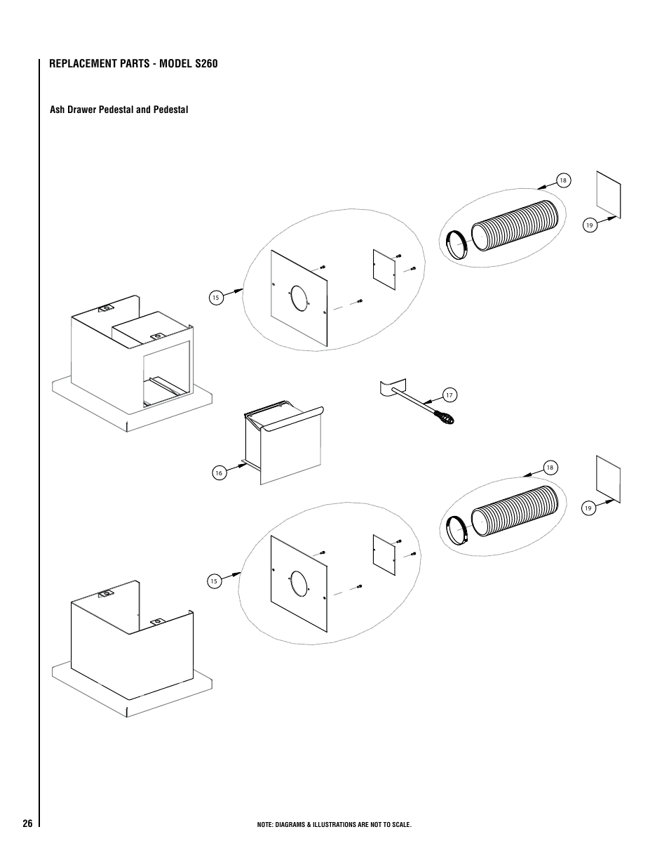 Replacement parts - model s260, Ash drawer pedestal and pedestal | Lennox Hearth LEGACY S260 T-TOP User Manual | Page 26 / 34