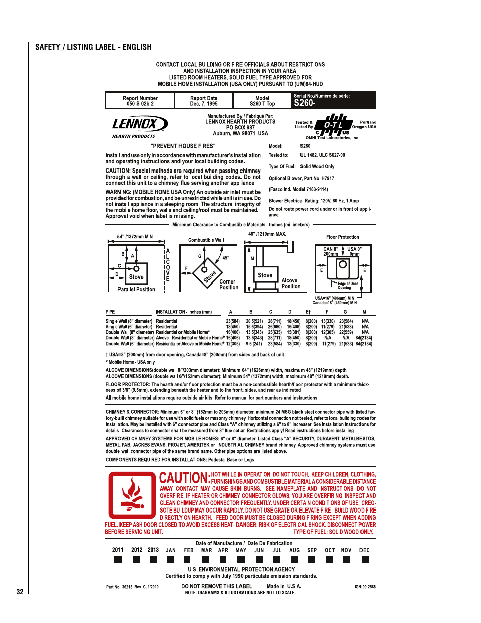 Lennox Hearth LEGACY S260 T-TOP User Manual | Page 32 / 34