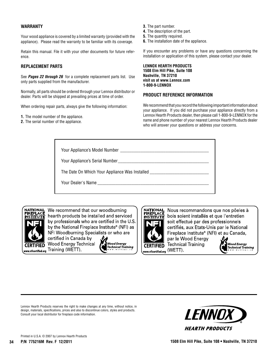 Lennox Hearth LEGACY S260 T-TOP User Manual | Page 34 / 34