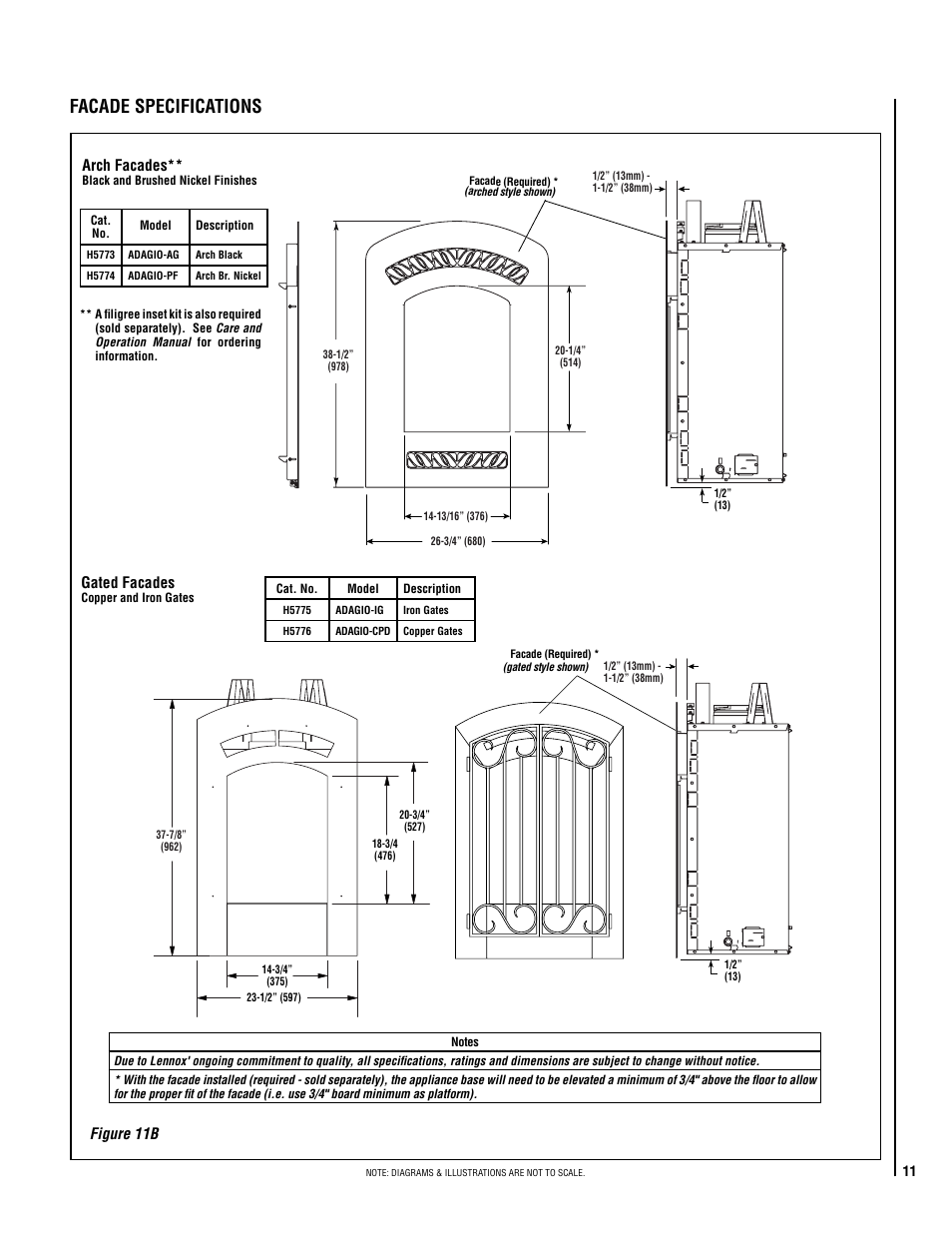 Facade specifications, Figure 11b, Arch facades | Gated facades | Lennox Hearth ADAGIO-MP User Manual | Page 11 / 32