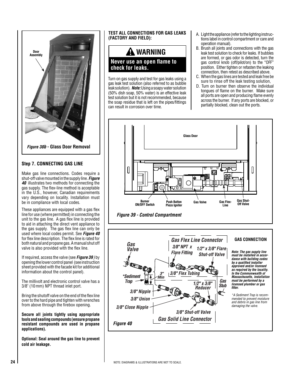 Warning, Never use an open flame to check for leaks, Gas valve | Gas solid line connector gas flex line connector | Lennox Hearth ADAGIO-MP User Manual | Page 24 / 32