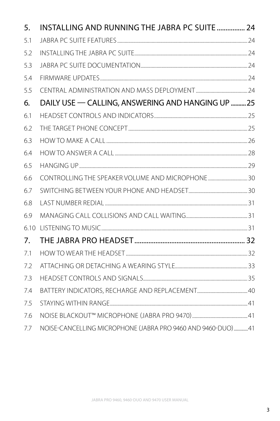 Installing and running the jabra pc suite, Daily use — calling, answering and hanging up, The jabra pro headset | Lennox Hearth JABRA PRO 9470 User Manual | Page 3 / 67
