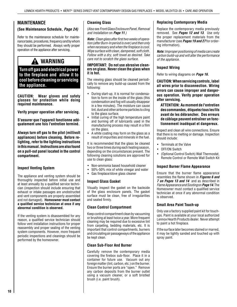 Warning, Maintenance | Lennox Hearth MLDVTCD-35NE User Manual | Page 10 / 30