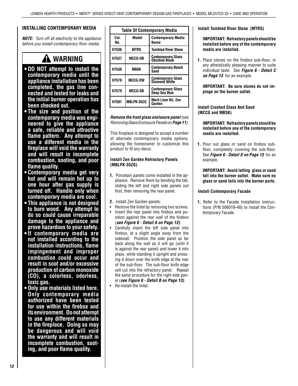 Warning | Lennox Hearth MLDVTCD-35NE User Manual | Page 12 / 30