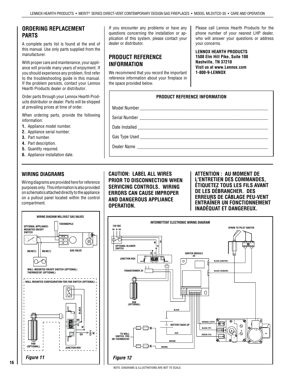 Ordering replacement parts, Product reference information, Wiring diagrams | Figure 11 figure 12 | Lennox Hearth MLDVTCD-35NE User Manual | Page 16 / 30