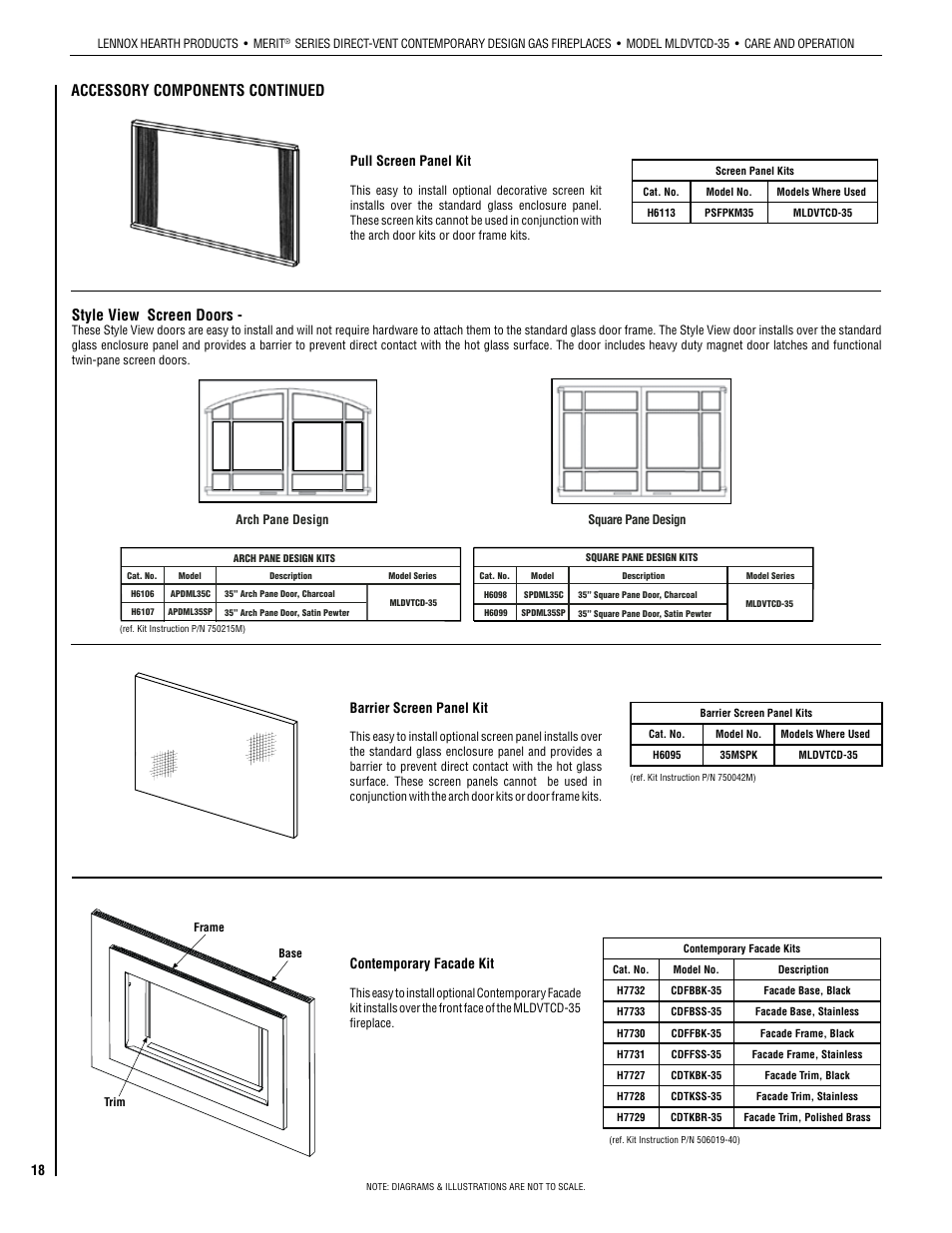 Accessory components continued, Style view screen doors, Pull screen panel kit | Contemporary facade kit, Barrier screen panel kit | Lennox Hearth MLDVTCD-35NE User Manual | Page 18 / 30
