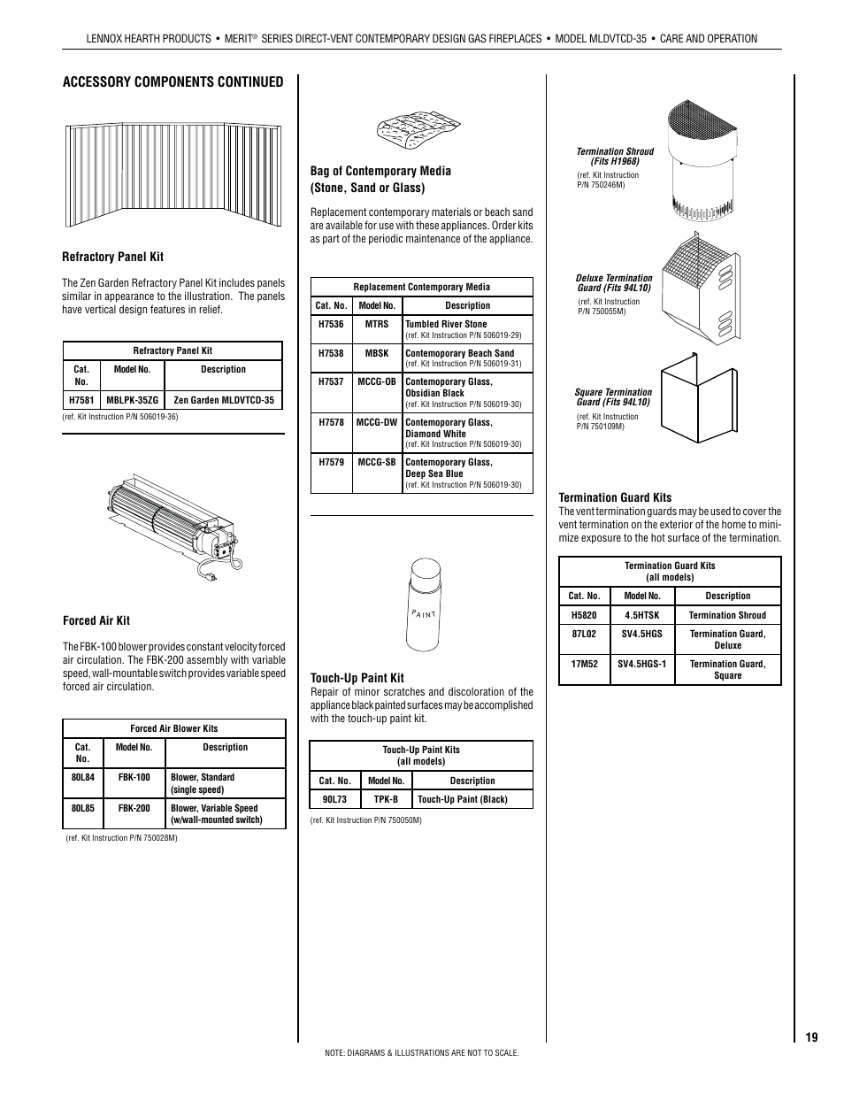 Accessory components continued, Refractory panel kit, Bag of contemporary media (stone, sand or glass) | Touch-up paint kit | Lennox Hearth MLDVTCD-35NE User Manual | Page 19 / 30