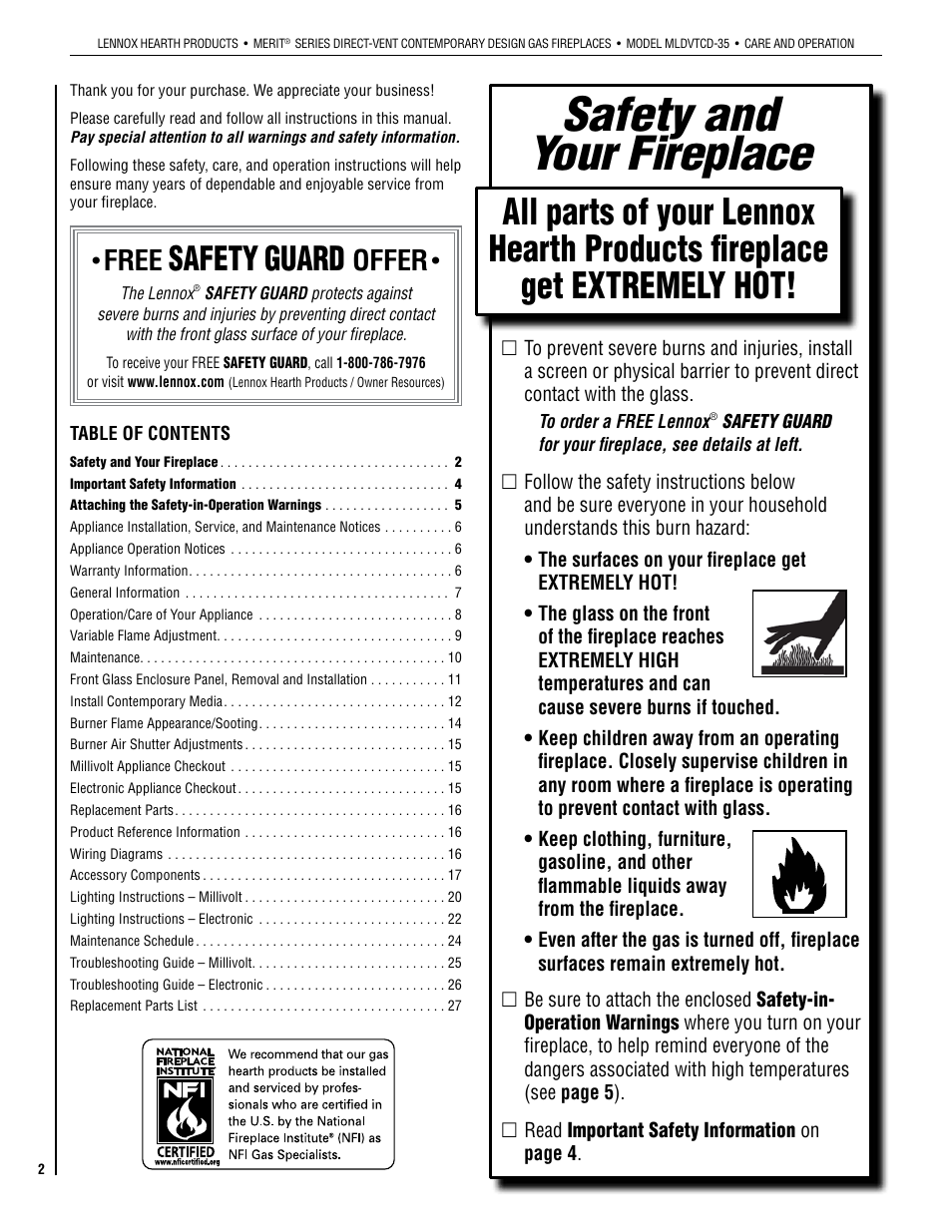 Safety and your fireplace, Safety, Guard | Free, Offer | Lennox Hearth MLDVTCD-35NE User Manual | Page 2 / 30