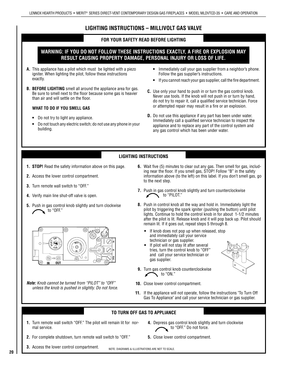 Lighting instructions – millivolt gas valve | Lennox Hearth MLDVTCD-35NE User Manual | Page 20 / 30