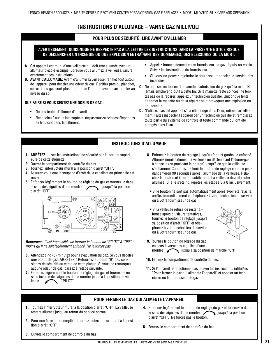 Instructions d’allumage – vanne gaz millivolt | Lennox Hearth MLDVTCD-35NE User Manual | Page 21 / 30