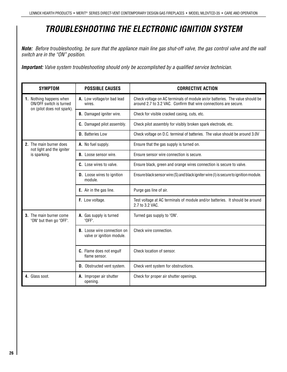 Troubleshooting the electronic ignition system | Lennox Hearth MLDVTCD-35NE User Manual | Page 26 / 30