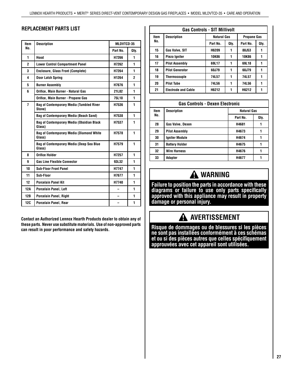 Warning, Avertissement, Replacement parts list | Lennox Hearth MLDVTCD-35NE User Manual | Page 27 / 30