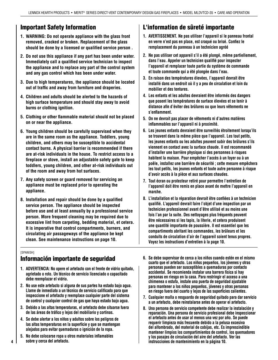 Important safety information, L'information de sûreté importante, Información importante de seguridad | Lennox Hearth MLDVTCD-35NE User Manual | Page 4 / 30