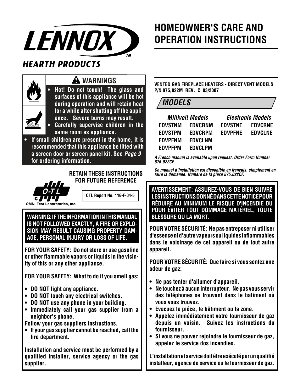 Lennox Hearth ELITE MPTSVDE User Manual | 24 pages