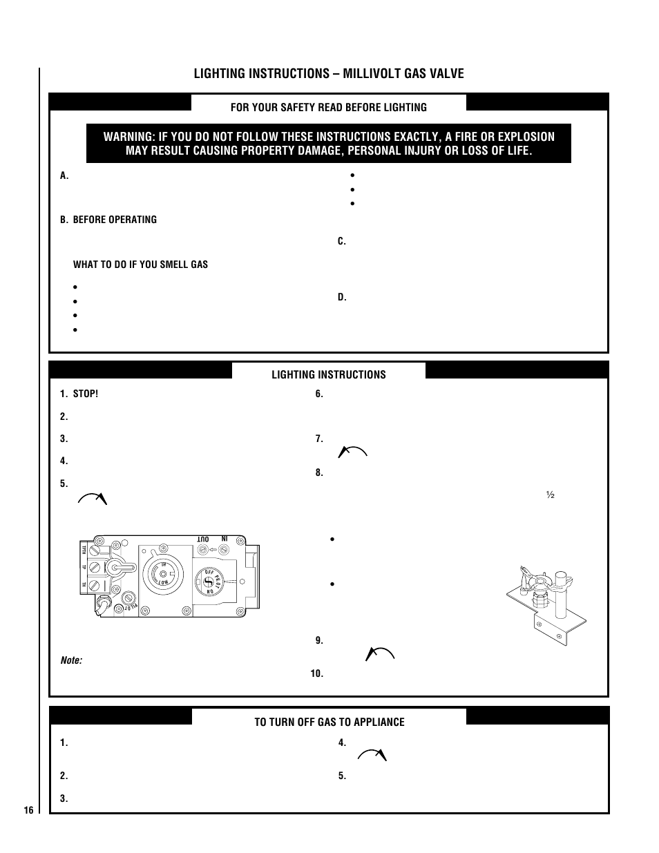 Lighting instructions – millivolt gas valve | Lennox Hearth ELITE MPTSVDE User Manual | Page 16 / 24