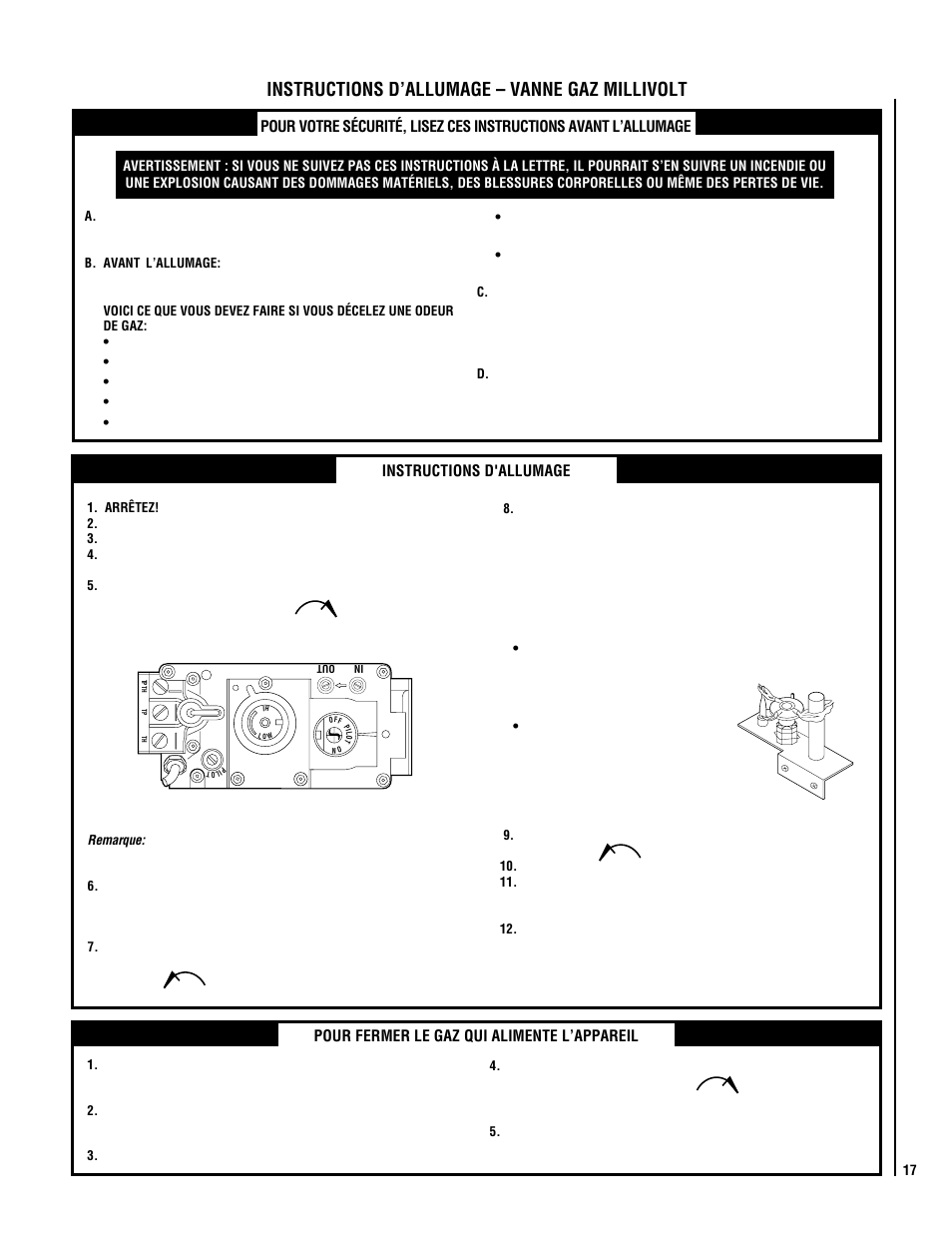 Instructions d’allumage – vanne gaz millivolt | Lennox Hearth ELITE MPTSVDE User Manual | Page 17 / 24