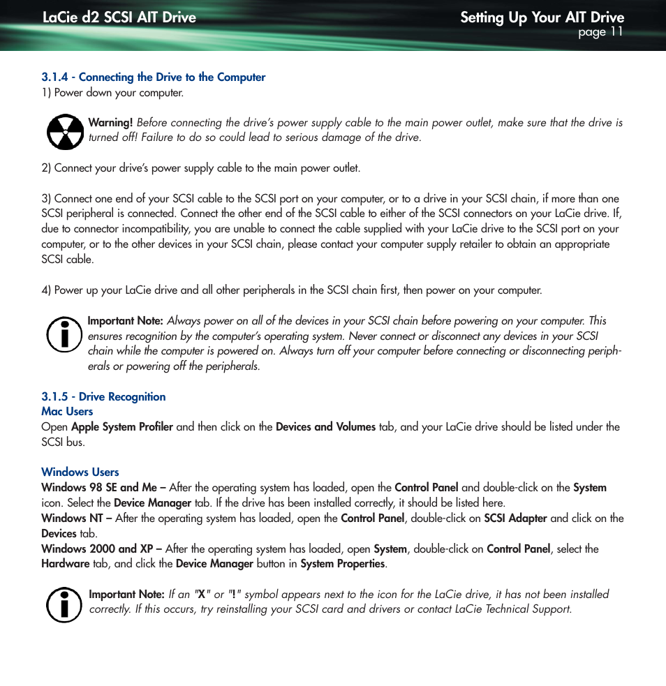 4 connecting the drive to the computer, 5 drive recognition, Setting up your ait drive | Lacie d2 scsi ait drive | Lennox Hearth D2 User Manual | Page 11 / 31