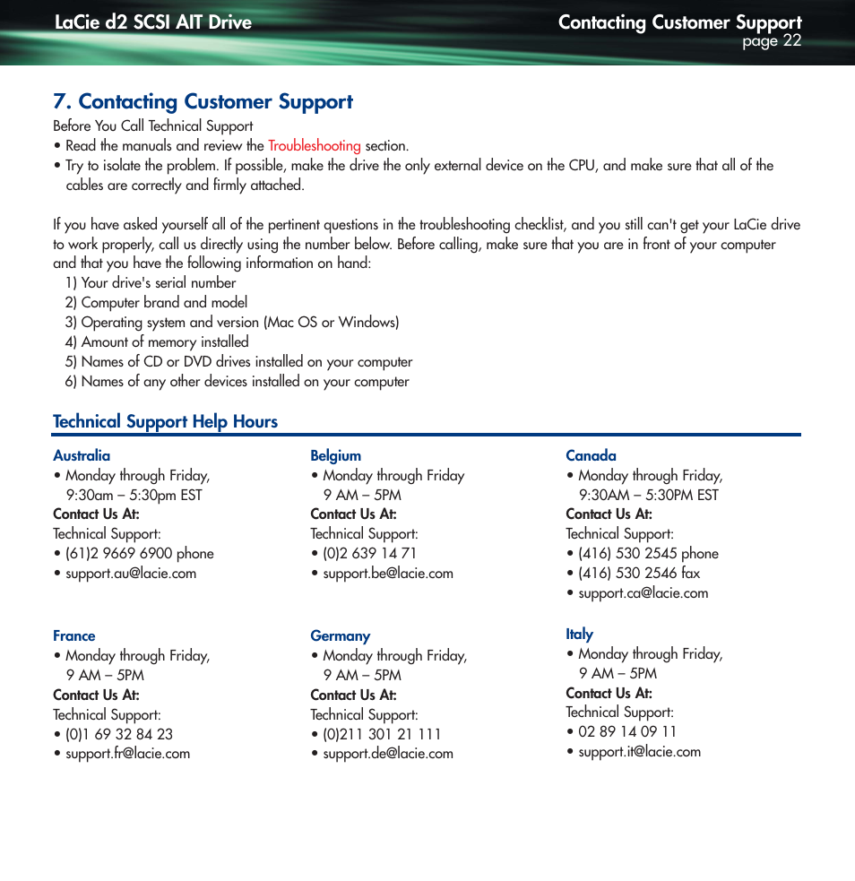 Contacting customer service, T (see, For details) | Contacting customer support, Lacie d2 scsi ait drive | Lennox Hearth D2 User Manual | Page 22 / 31