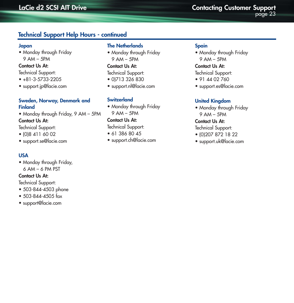 Contacting customer support, Lacie d2 scsi ait drive | Lennox Hearth D2 User Manual | Page 23 / 31