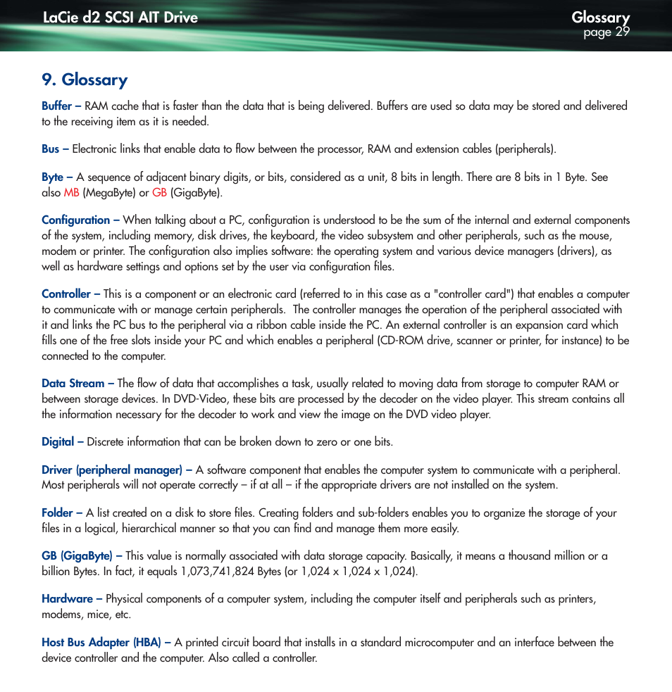 Glossary, Lacie d2 scsi ait drive | Lennox Hearth D2 User Manual | Page 29 / 31