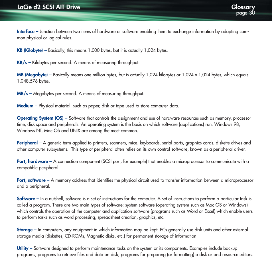 Glossary, Lacie d2 scsi ait drive | Lennox Hearth D2 User Manual | Page 30 / 31