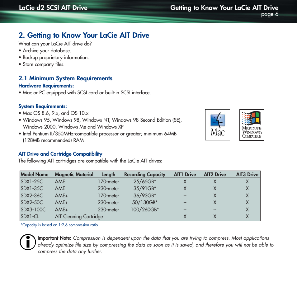 Getting to know your lacie ait drive, 1 minimum system requirements, Lacie d2 scsi ait drive | Lennox Hearth D2 User Manual | Page 6 / 31