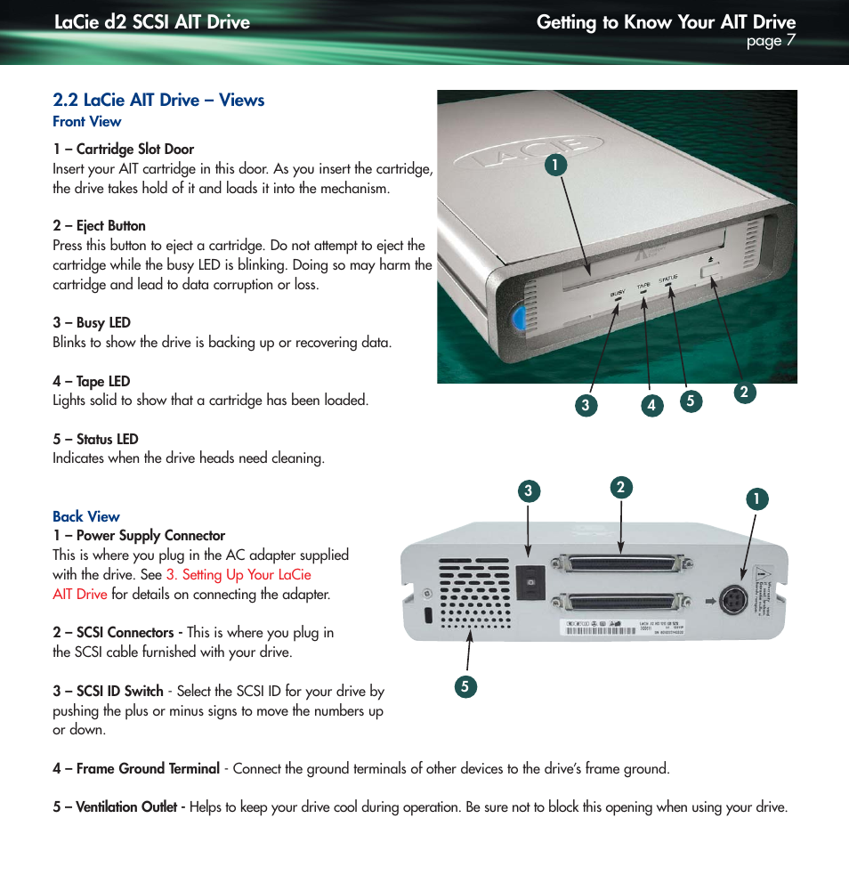 2 lacie ait drive – views, Getting to know your ait drive, Lacie d2 scsi ait drive | Lennox Hearth D2 User Manual | Page 7 / 31