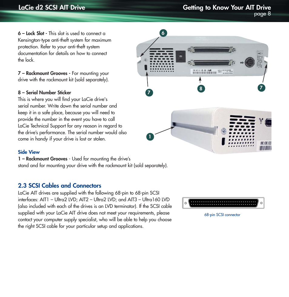 3 scsi cables and connectors, Getting to know your ait drive, Lacie d2 scsi ait drive | Lennox Hearth D2 User Manual | Page 8 / 31