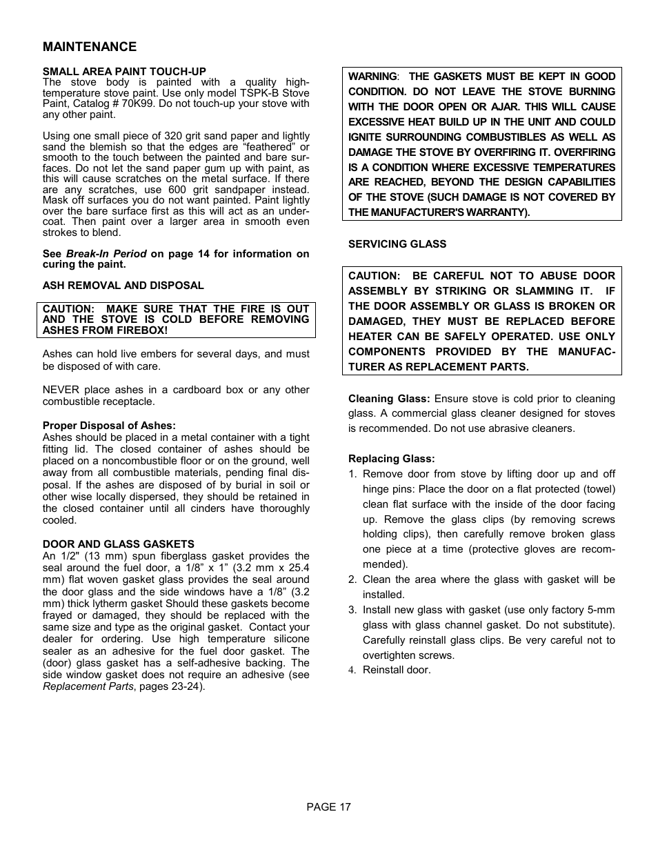 Small area paint touch-up, Replacing glass | Lennox Hearth TRADITIONS T150C User Manual | Page 17 / 29