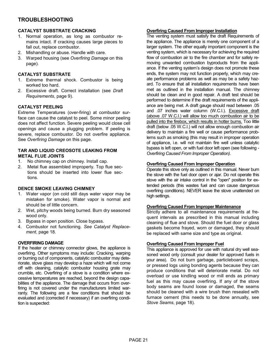 Overfiring caused from improper installation, Overfiring caused from improper fuel | Lennox Hearth TRADITIONS T150C User Manual | Page 21 / 29