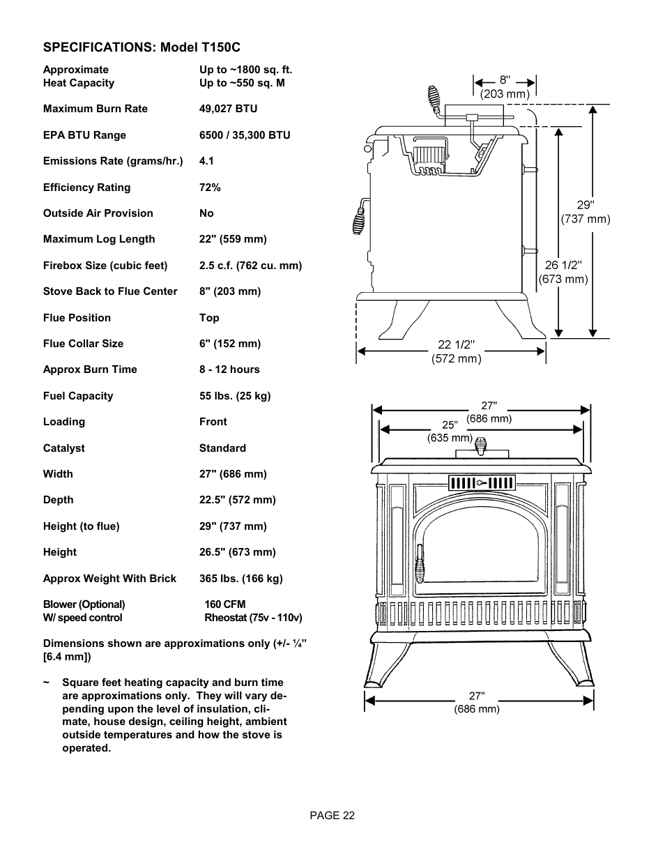 Approximate up to ~1800 sq. ft | Lennox Hearth TRADITIONS T150C User Manual | Page 22 / 29