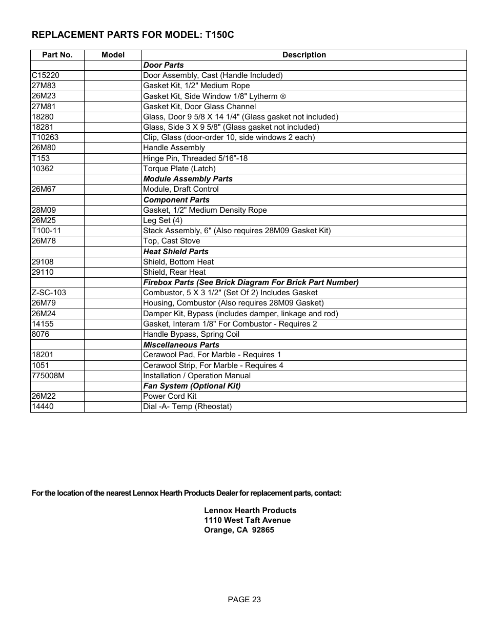 Lennox hearth products | Lennox Hearth TRADITIONS T150C User Manual | Page 23 / 29