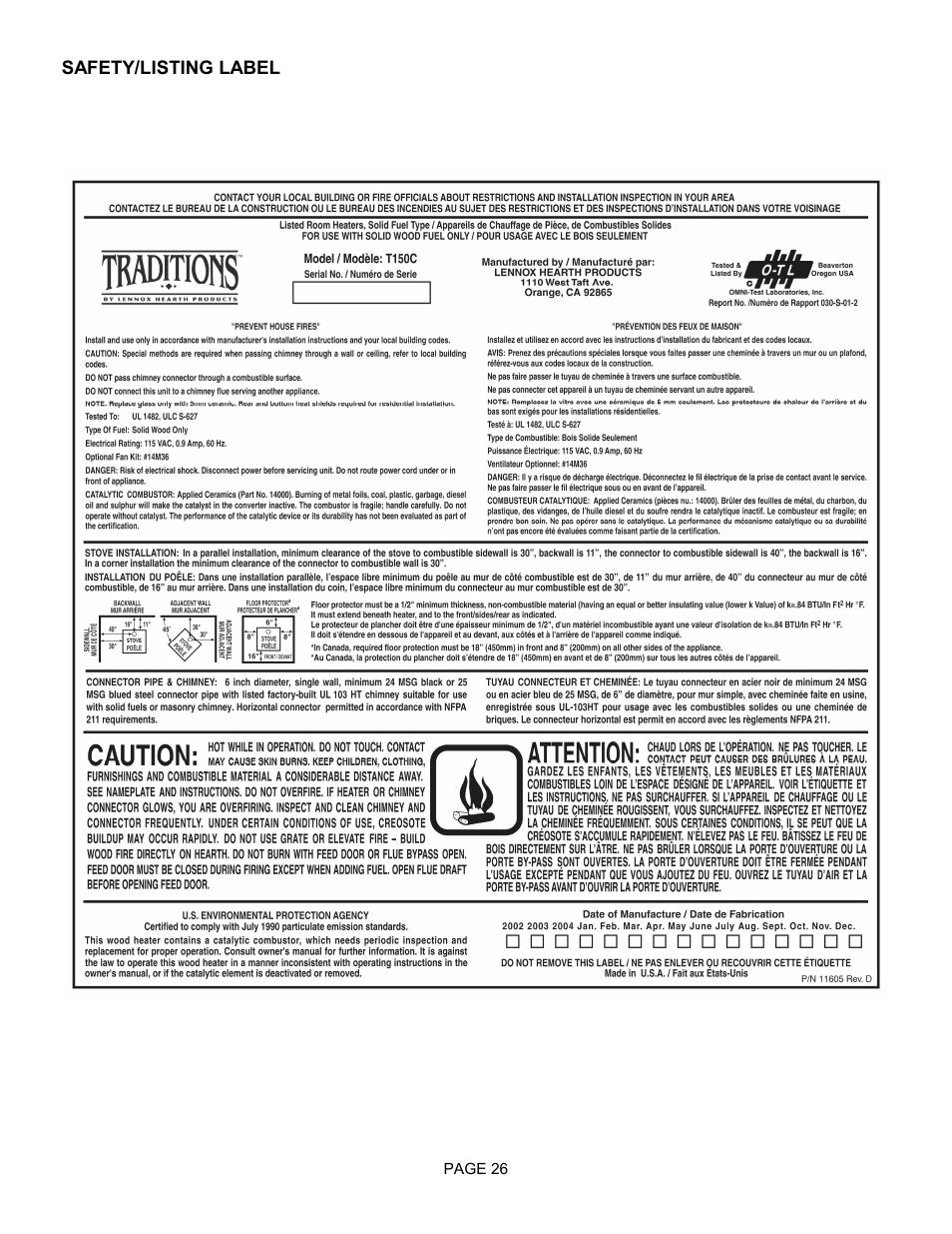 Lennox Hearth TRADITIONS T150C User Manual | Page 26 / 29