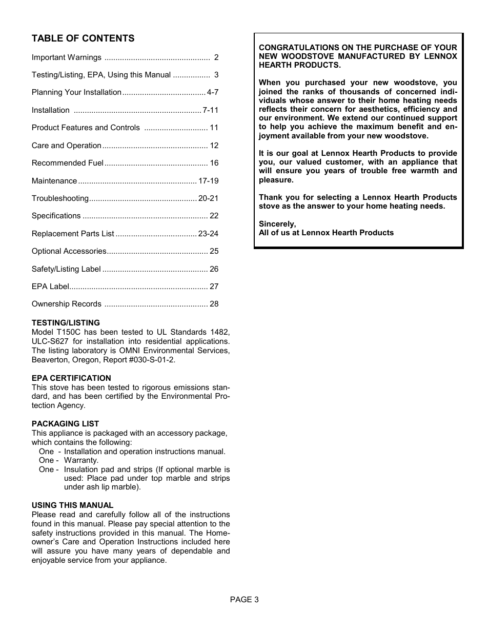 Lennox Hearth TRADITIONS T150C User Manual | Page 3 / 29